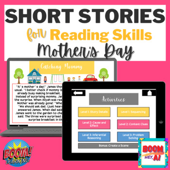 Preview of Mothers Day BOOM CARDS Speech Therapy reading comprehension short story NO PRINT