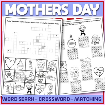 Preview of Mothers Day Crossword Puzzle, Vocabulary Worksheets, Word Search, Missing Letter
