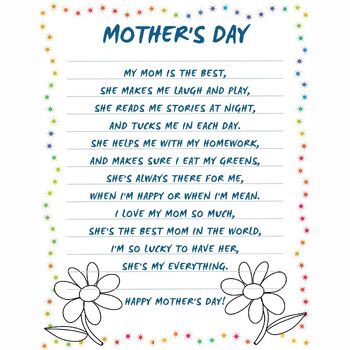 Mothers Day Poem For Kids : Gift & Card For Moms, Aunts & Grandmas