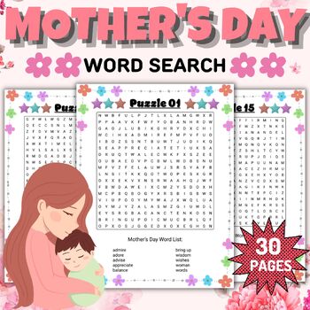 Preview of Mothers Day Word Search Puzzles With Solutions - Fun May Brain Games Activities