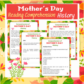 Preview of Mothers day reading comprehension, History of mother's day, stories and writing
