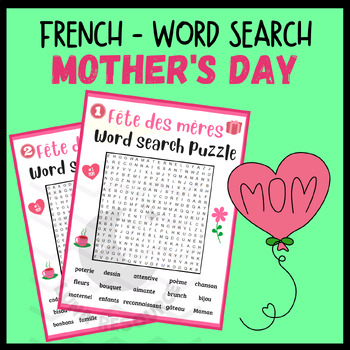 Preview of Mothers day sight word search problem FRENCH Fête des mères crossword activities