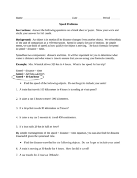 Preview of Motion Review Worksheet:  Speed Problems