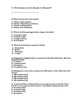 Speed, Velocity, Acceleration Practice Test with Answer Key