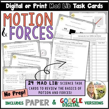 Preview of Motion and Forces Task Cards Mad Lib Review Activity Speed Velocity Net Force