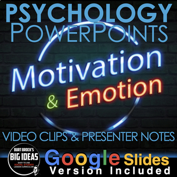 Preview of Motivation & Emotion Psychology PowerPoint/Google Slides, Guided Notes, VidClips