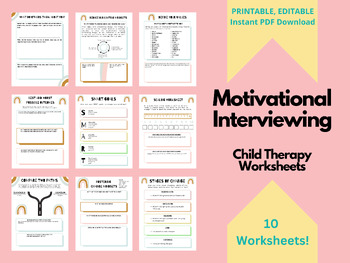 Preview of Motivational Interviewing Worksheet Bundle | BOHO Child MI therapy worksheets