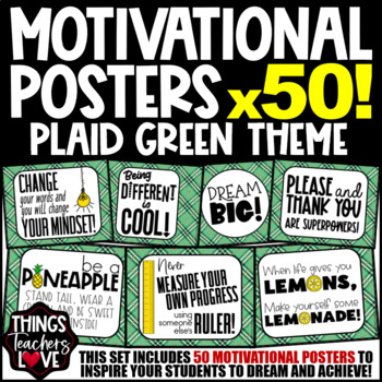 Preview of Motivational Posters for Growth Mindset - ST PATRICKS DAY PLAID GREEN DECOR