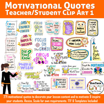 Preview of Motivational Quotes, Teacher Student Inspirational Lesson Quotes, PNG Vector