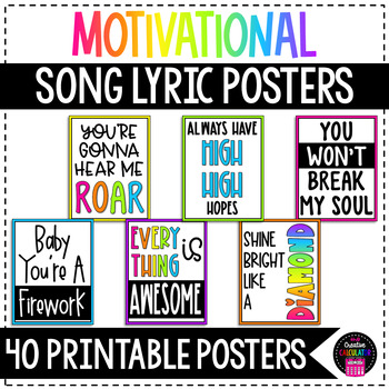 Preview of Motivational Song Lyric Posters - Rainbow Neon Classroom Decor