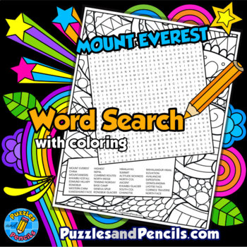 Preview of Mount Everest Word Search Puzzle Activity Page with Coloring | World Mountains