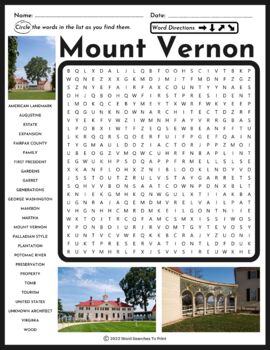 Mount Vernon Word Search Puzzle by Word Searches To Print TpT