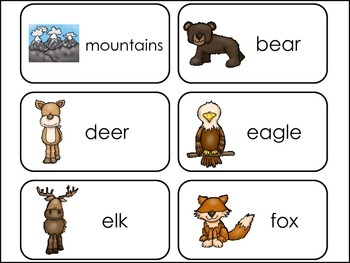 Preview of Mountain Animals Printable Picture and Word Preschool Flash Cards.