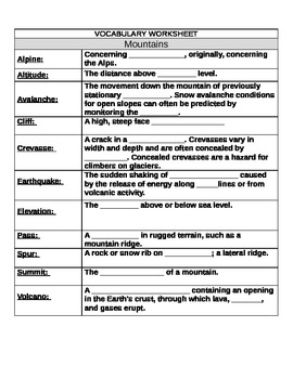 Mountain vocabulary worksheet by World Weyes | Teachers Pay Teachers