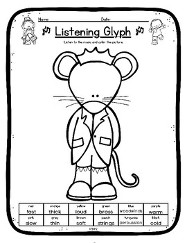 Preview of Mouse King Listening Glyph Elements of Music Coloring Worksheet Activity