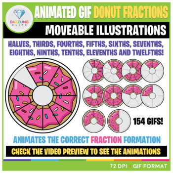 Preview of Moveable Animated GIF Donut Fractions Clip Art (2-12)