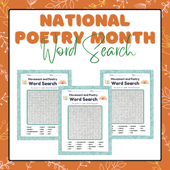 Preview of Movement and Poetry Word Search Puzzle | National Poetry Month April Activity