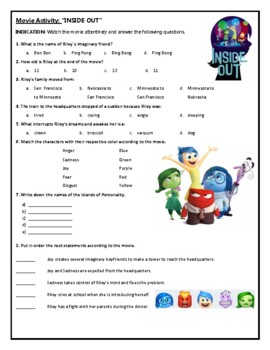 inside out movie activities teaching resources tpt