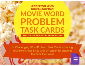 Preview of Addition & Subtraction Enrichment Task Cards/Google Form - Movie Theme!