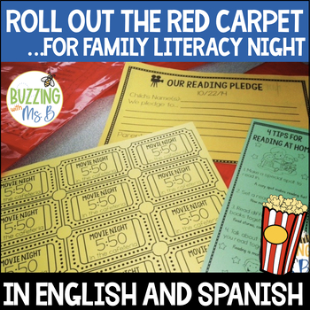 Preview of Movie Family Literacy Night Editable Bundle - English and Spanish Activities