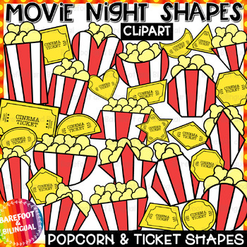 Preview of #sunnydeals24 Movie Night 2D Shape Clipart |2 sets in 1| Popcorn & Ticket Shapes