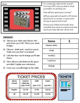 Preview of Movie Night Bundle! - 2 performance assessments on decimals & financial literacy