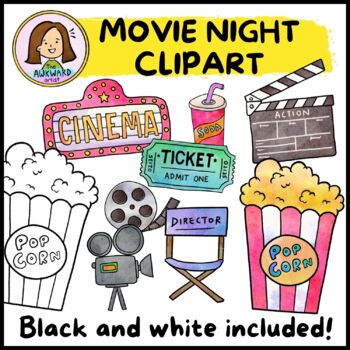 movie night clipart black and white