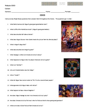 Preview of Movie Questions: Disney's Coco (English)