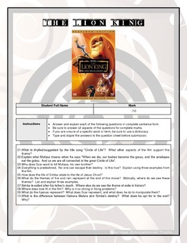 Preview of Movie Questions - The Lion King