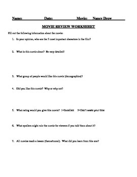 Preview of Movie Review Worksheet