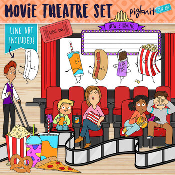 Preview of Movie Theatre Clipart with Dancing Refreshments and Guests