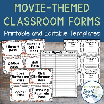 Preview of Movie Themed Classroom Forms | Hall Passes, Class Sign Out, + Homework Pass