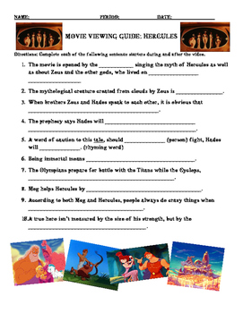 Preview of Movie Viewing Guide with Key for Disney's Hercules