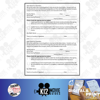 Preview of Movie Viewing Permission Slip in English & Spanish
