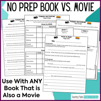 Preview of Movie Vs. Book Activities - No Prep Comparing Books and Movies Worksheets