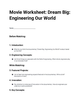 Preview of Movie Worksheet: Dream Big  Engineering Our World