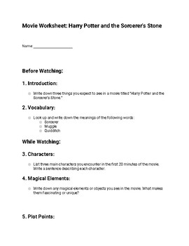 Preview of Movie Worksheet: Harry Potter and the Sorcerer's Stone