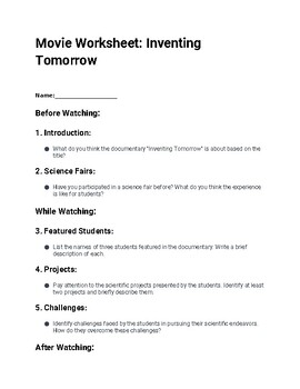 Preview of Movie Worksheet: Inventing Tomorrow.