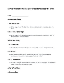 Preview of Movie Worksheet: The Boy Who Harnessed the Wind