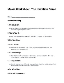 Preview of Movie Worksheet   "The Imitation Game"