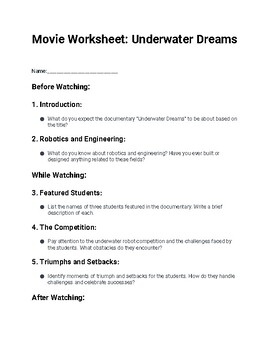 Preview of Movie Worksheet Underwater Dreams