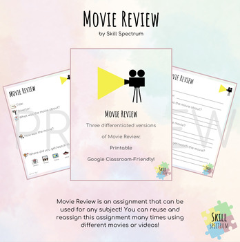 Preview of Movie or Video Review/Reflection - 3 Levels Printable or Google Classroom!