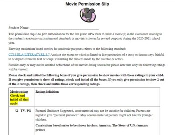 Preview of Movie permission slip