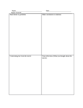 Preview of Movie worksheet- four square