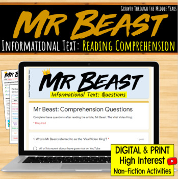 Preview of Mr Beast Information Text: Reading Comprehension (Digital & Print)