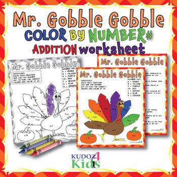 Preview of Mr. Gobble Gobble - Thanksgiving Turkey Color by Number Addition 1-10