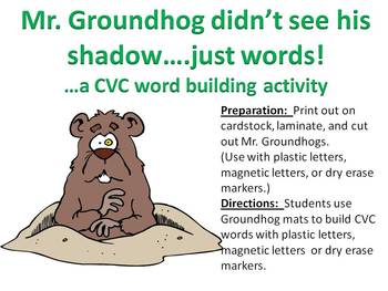 Preview of Mr. Groundhog sees words not shadows....A CVC Word Building Activity