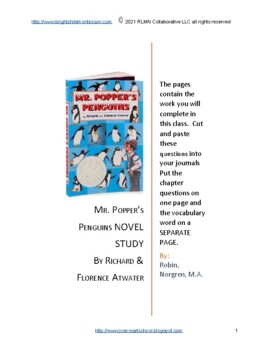 Preview of Mr. Popper's Penguins Book Study 1st-6th Grade Comprehension Vocab Art