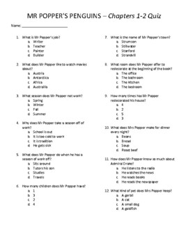Preview of Mr. Popper's Penguins Quizzes - Chapters 1-20 with Answer Key