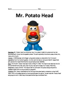 Preview of Mr. Potato Head - Full Life Story Information Facts Questions Vocabulary